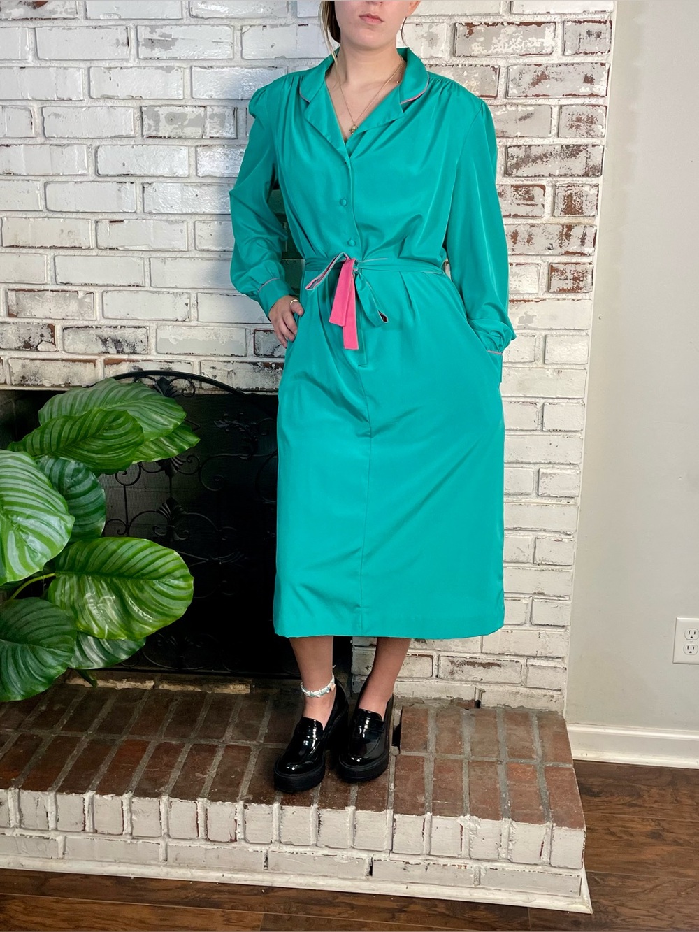 Vintage 70s Jenni Green and Pink Tie Belt Button Down Midi Shirt Dress L